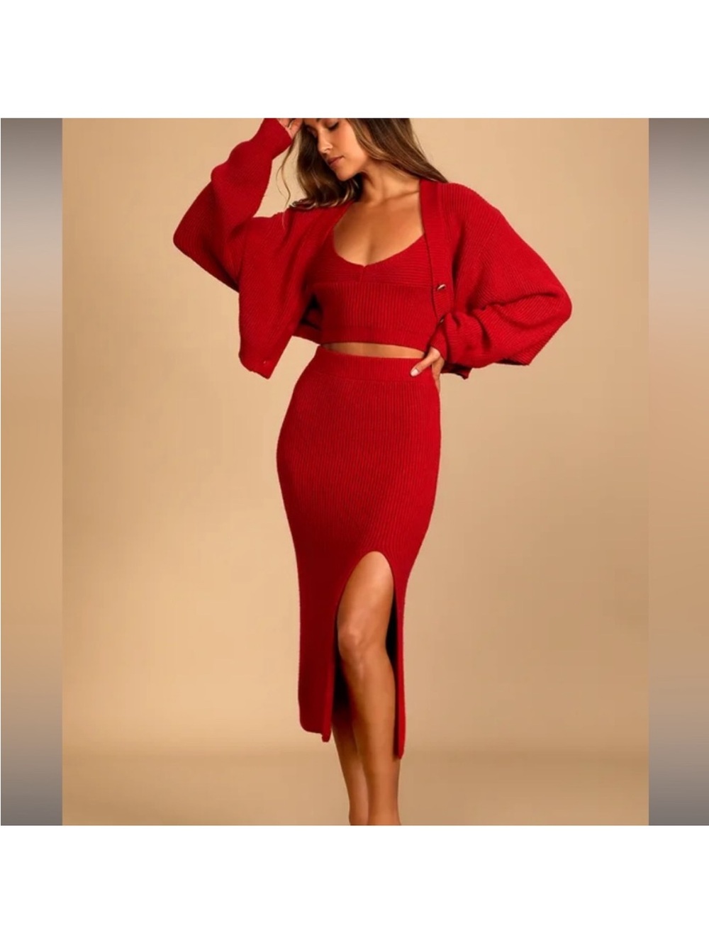 Lulu's Red Ribbed Midi Skirt with Front Slit. Skirt L, tops M